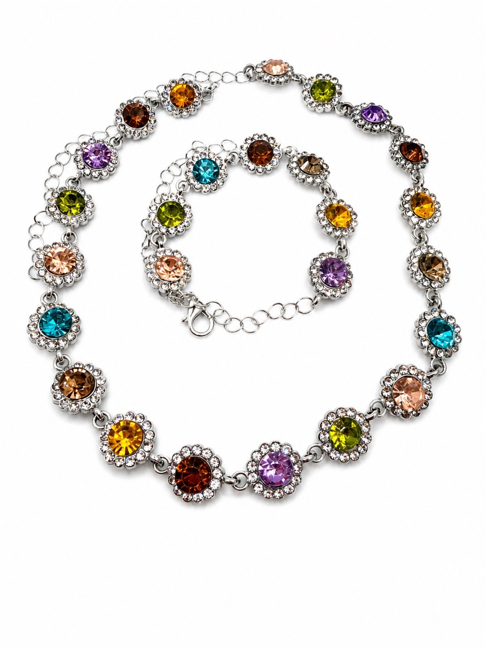 Multicolor Crystal Floral Silver Necklace - Vibrant Gemstone Statement